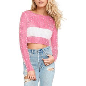 Women Sexy See Through Pearl Rhinestone Beaded Crop Top Long Sleeve Crop Blouse